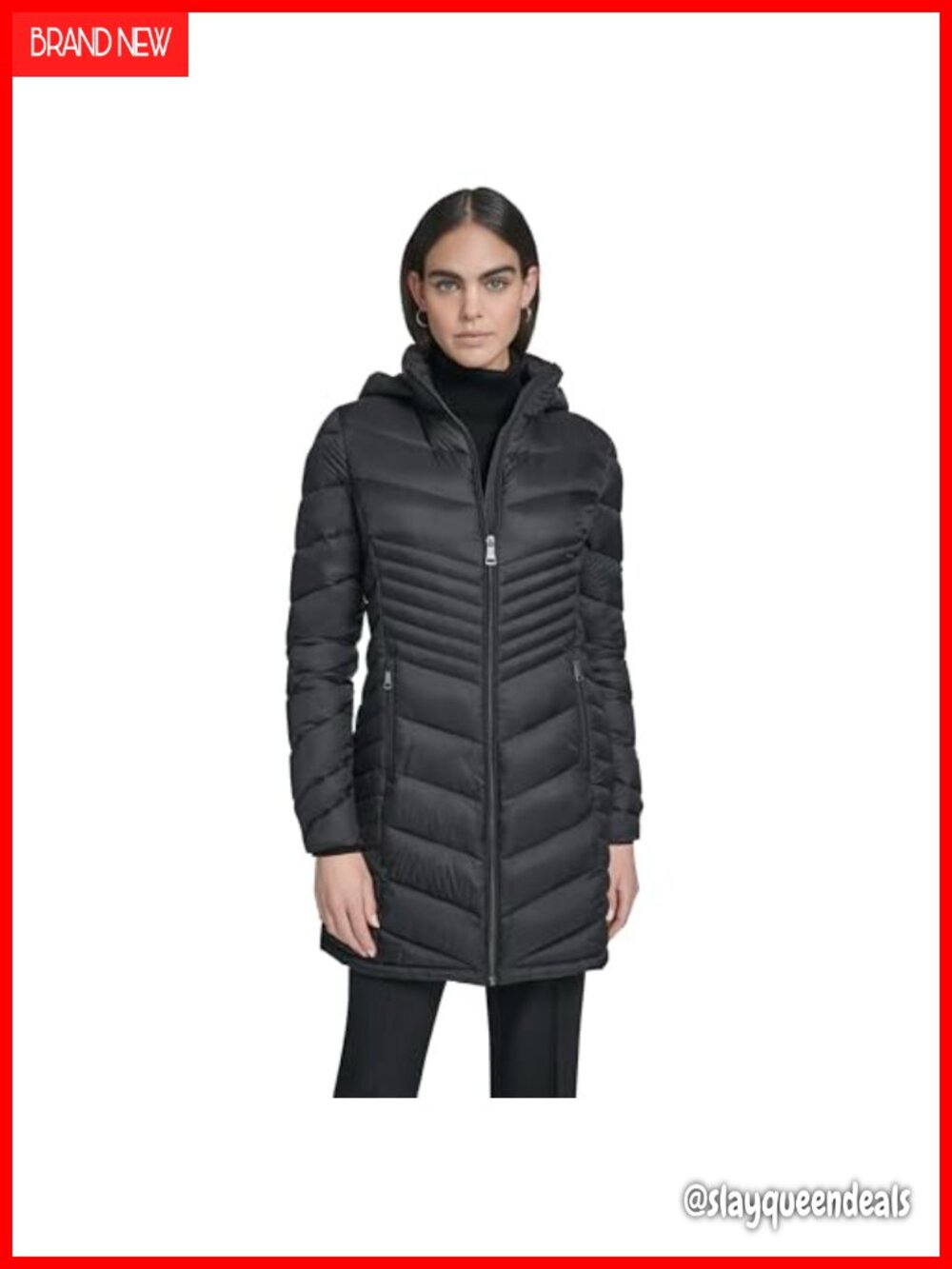 Chevron Quilt Puffer Coat Hooded Longline Winter Jacket
